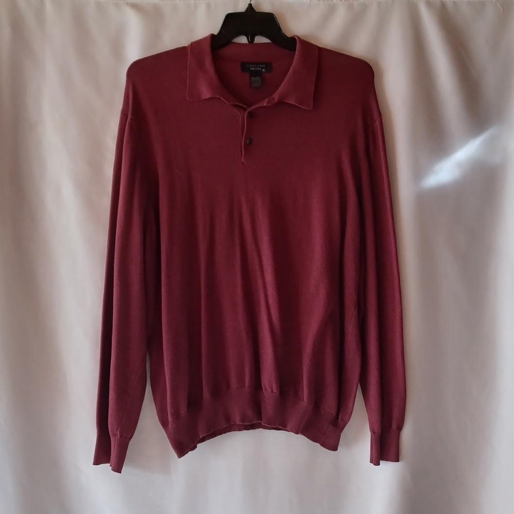 Toscano Italy Men's Knit Polo Sweater Maroon Cotton Blend Long Sleeve Size XL